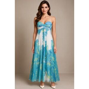 Y2K Cache Babydoll Dress Womens 6 White Blue Silk Chiffon Metallic Fairy Maxi